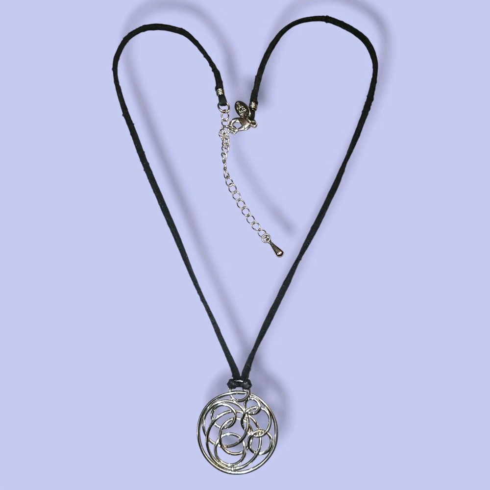 Lia Sophia‎ Silver Circle Pendant Necklace Black Cord 20in Adjustable Modern